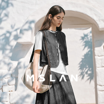 「单宁马甲」MSLAN复古牛仔马夹含亚麻工装叠穿明线马甲背心女