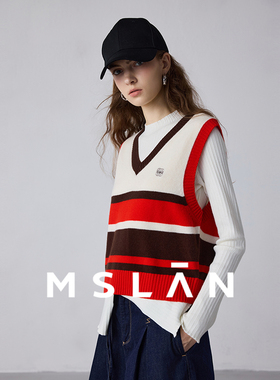 【圣诞颂】MSLAN冬季美式复古撞色V领条纹针织背心马甲MFDW298