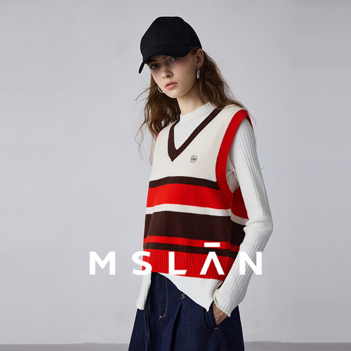 MSLAN复古撞色V领条纹针织马甲