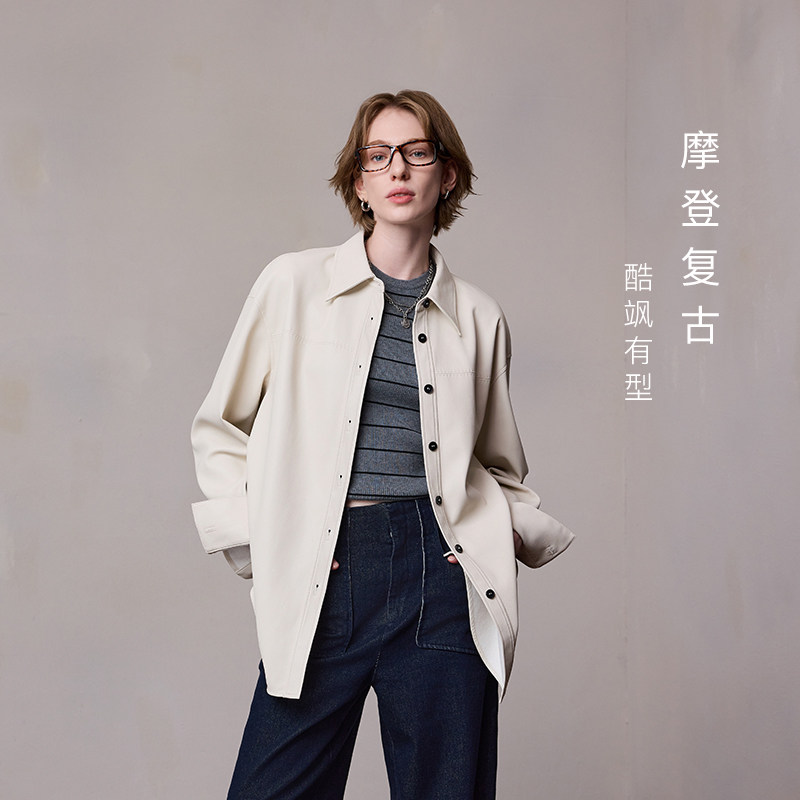 MSLAN摩登复古|26春pu皮分割衬衫简约酷飒撞色质感皮衣外套