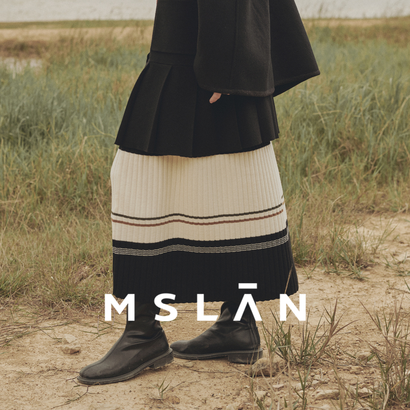 含绵羊毛/MSLAN25秋 松紧高腰A字百褶撞色细坑条肌理遮肉半身裙女