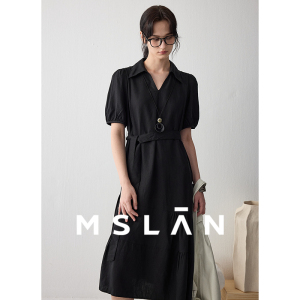 【天丝亚麻】MSLAN春夏优雅V领莱赛尔双层领连衣裙MFBE4112