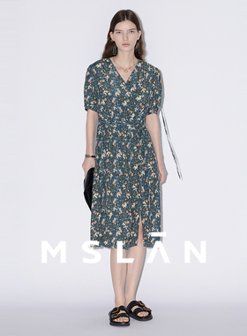 【含腰带】MSLAN春夏法式优雅收腰泡泡袖印花连衣裙MFBA4114