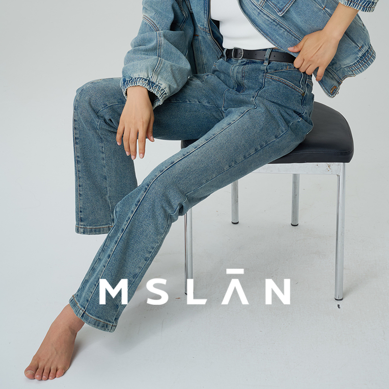 MSLAN复古铆钉微喇牛仔裤