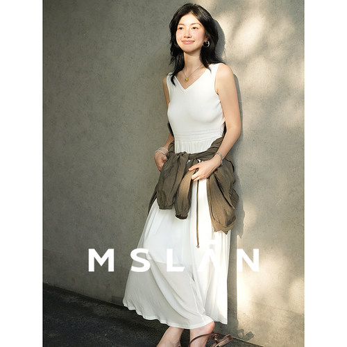 博主同款/MSLAN优雅约会度假风无袖白色背心裙V领针梭拼连衣裙