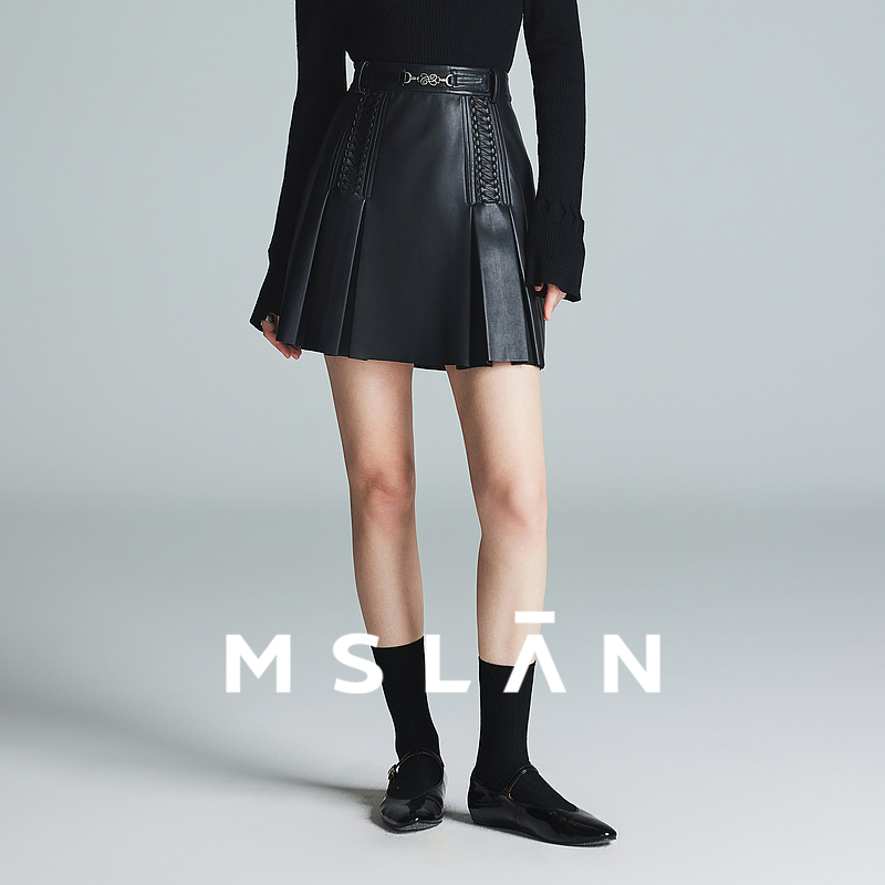 秀场同款/MSLAN秋冬新款复古小皮裙高腰A字裙显瘦短半身裙黑色女