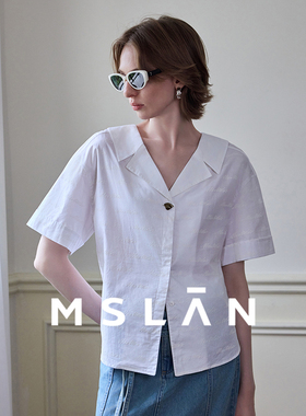 【植绒肌理】MSLAN春夏纯棉文艺V领衬衫减龄短袖女MEBA1419