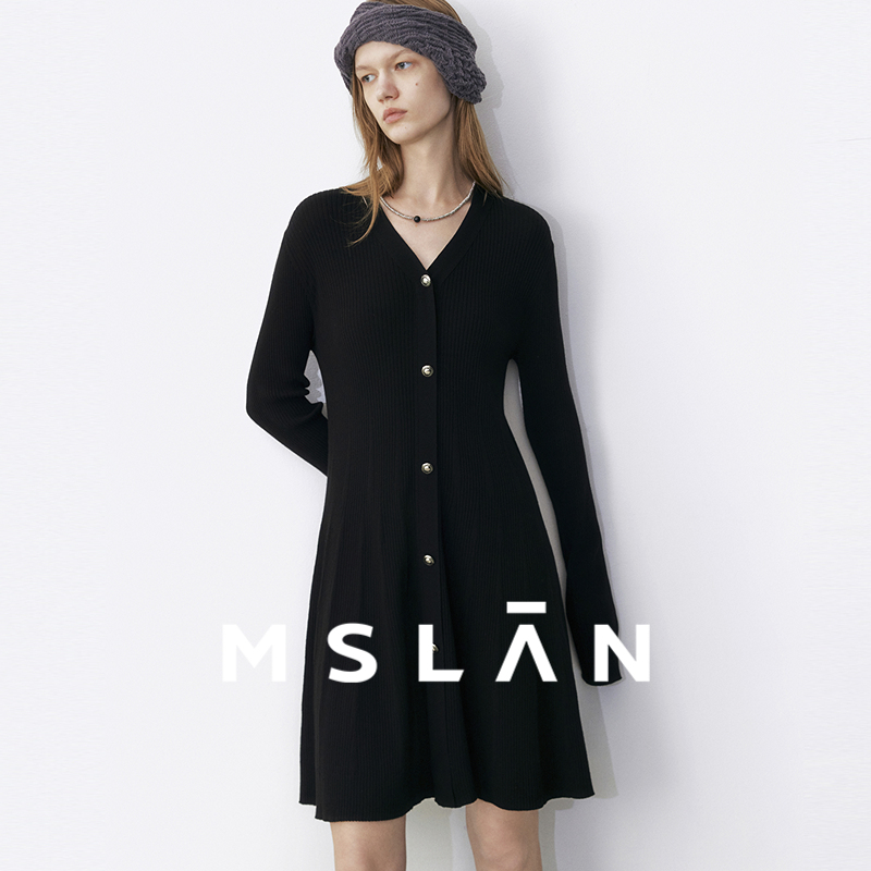 MSLAN小黑裙 秋季V领设计显瘦修身毛织修身连衣裙MGCT316
