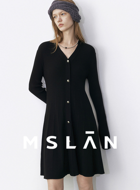 MSLAN小黑裙 秋季坑条针织裙V领设计显瘦修身修身连衣裙MGCT316