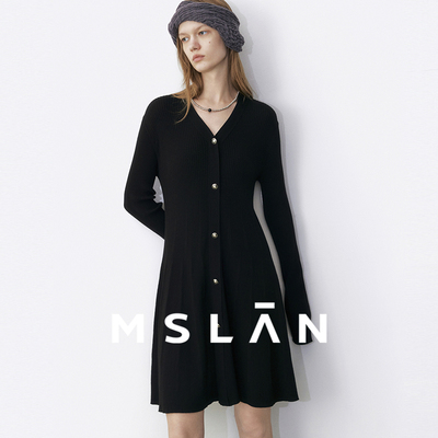MSLAN小黑裙 秋季坑条针织裙V领设计显瘦修身修身连衣裙MGCT316