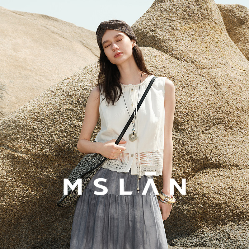 「假日呼吸」MSLAN天丝棉麻蕾丝背心 花边截短小个子拼接亚麻马甲