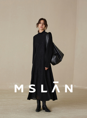 重工刺绣/MSLAN法式蕾丝拼接长裙白月光显瘦收腰黑色连衣裙
