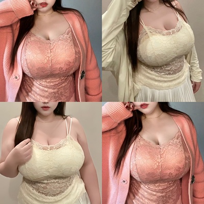 新款大码吊带背心性感蕾丝美背内搭外穿带胸垫文胸一体秋冬内衣