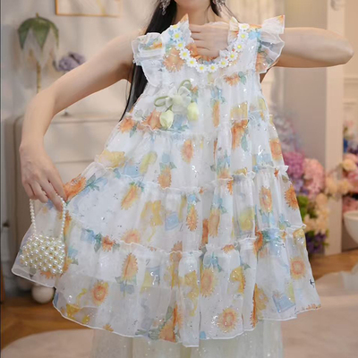 【BK】【送胸针包包】女童花朵无袖连衣裙夏季甜美公主裙HCF358