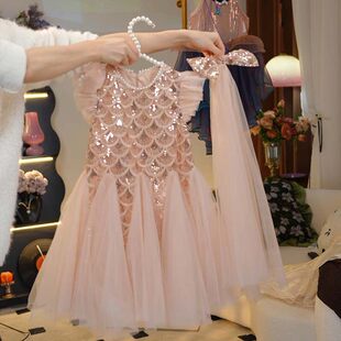 【BK】【送头饰】女童飞袖鱼尾公主裙夏季甜美女宝宝连衣裙HCB273