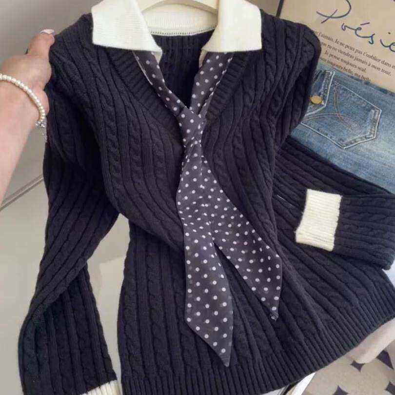 韩系设计感黑色拼色假两件波点领带长袖针织衫女绝美内搭毛衣上衣