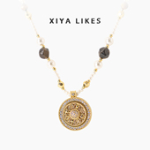 西娅专属 美拉德虎眼石雕花旋转八宝罗盘珍珠项链秋冬可双面戴