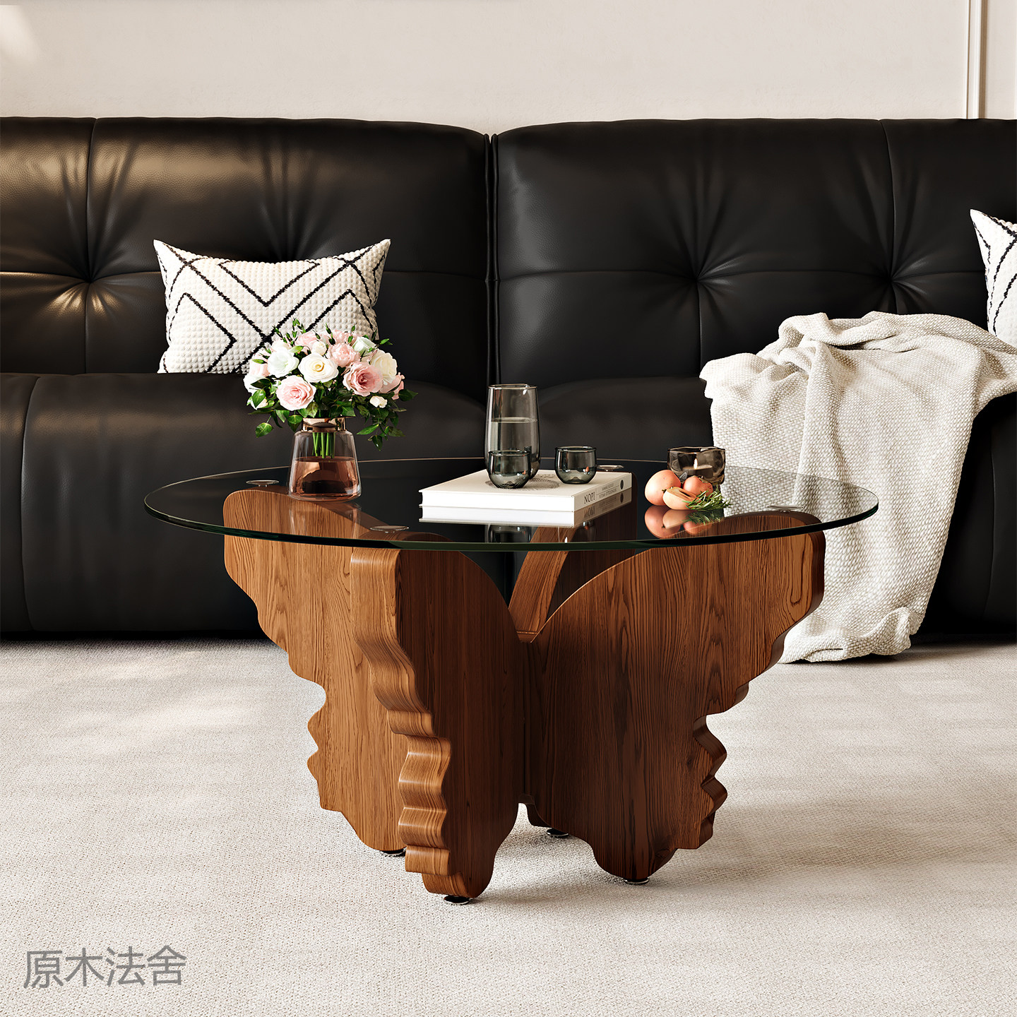 中古侘寂蝴蝶实木钢化玻璃茶几图片