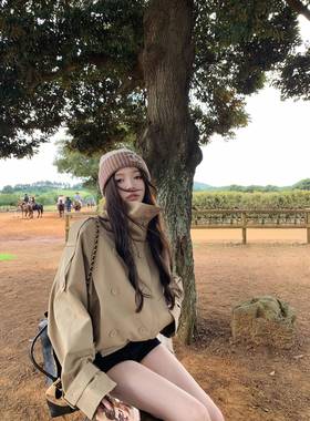 TooToo英伦风立领短款风衣女秋季法式覆古双排扣宽松休闲外套上衣