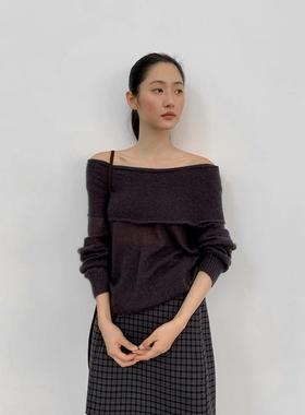 EVERTRUE2025秋季韩版新款针织露肩长袖宽松羊毛毛衣女装65767