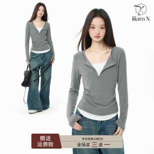 iiiamX灰色半拉链假两件长袖t恤女秋季正肩修身内搭打底收腰上衣