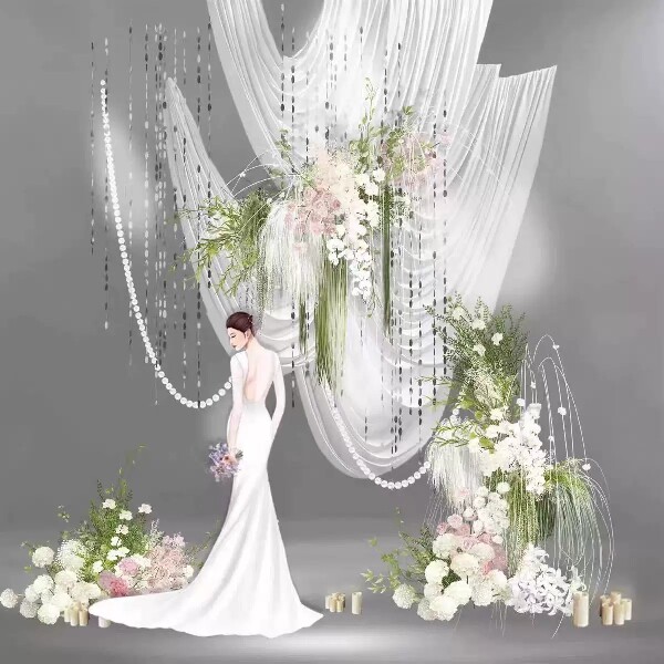 白绿色粉色白色纱幔弧形吊顶线帘婚礼布置小景效果图psd素材