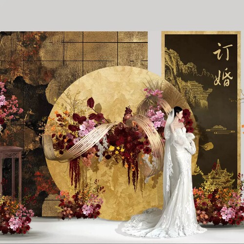 黑金红色婚礼订婚宴色亮片婚礼花艺装饰效果图分层文件设计素材ps
