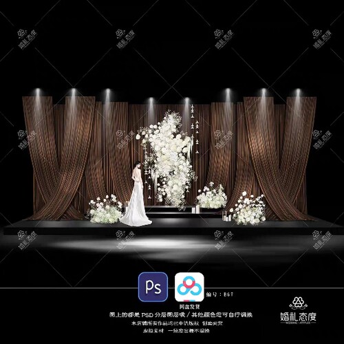 B67韩式简约大气巧克力咖色布幔婚礼白色满天星舞台背景图psd