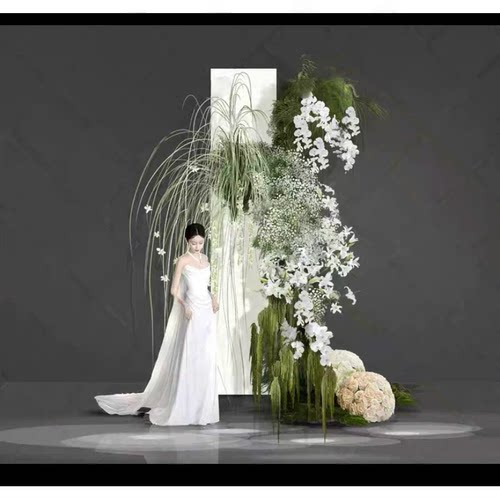 满天星白绿色婚礼效果图ps素材户外草坪花艺道具设计小众高级感