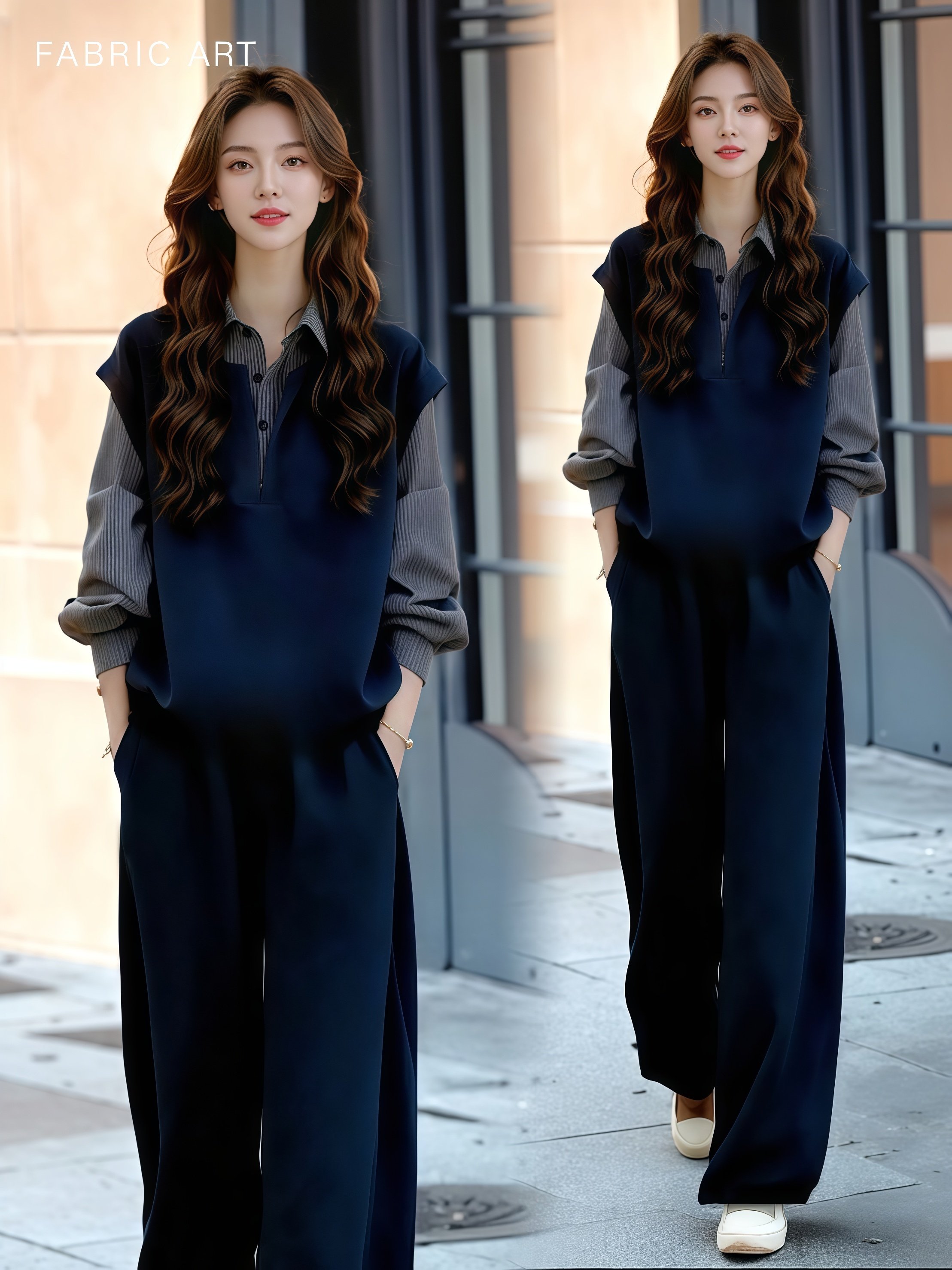 罗芬面料故事旗舰店女装气质假两件拼接长袖衬衫搭配显瘦裤子秋季