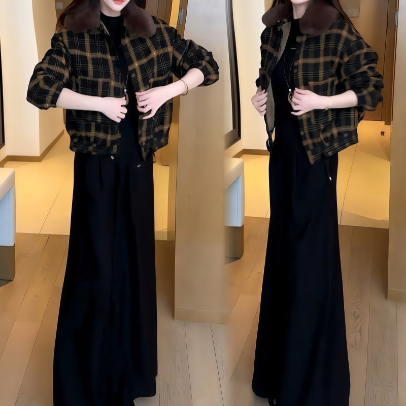罗芬面料故事旗舰店女装冬季格子绒里毛领外套搭配显瘦垂感阔腿裤