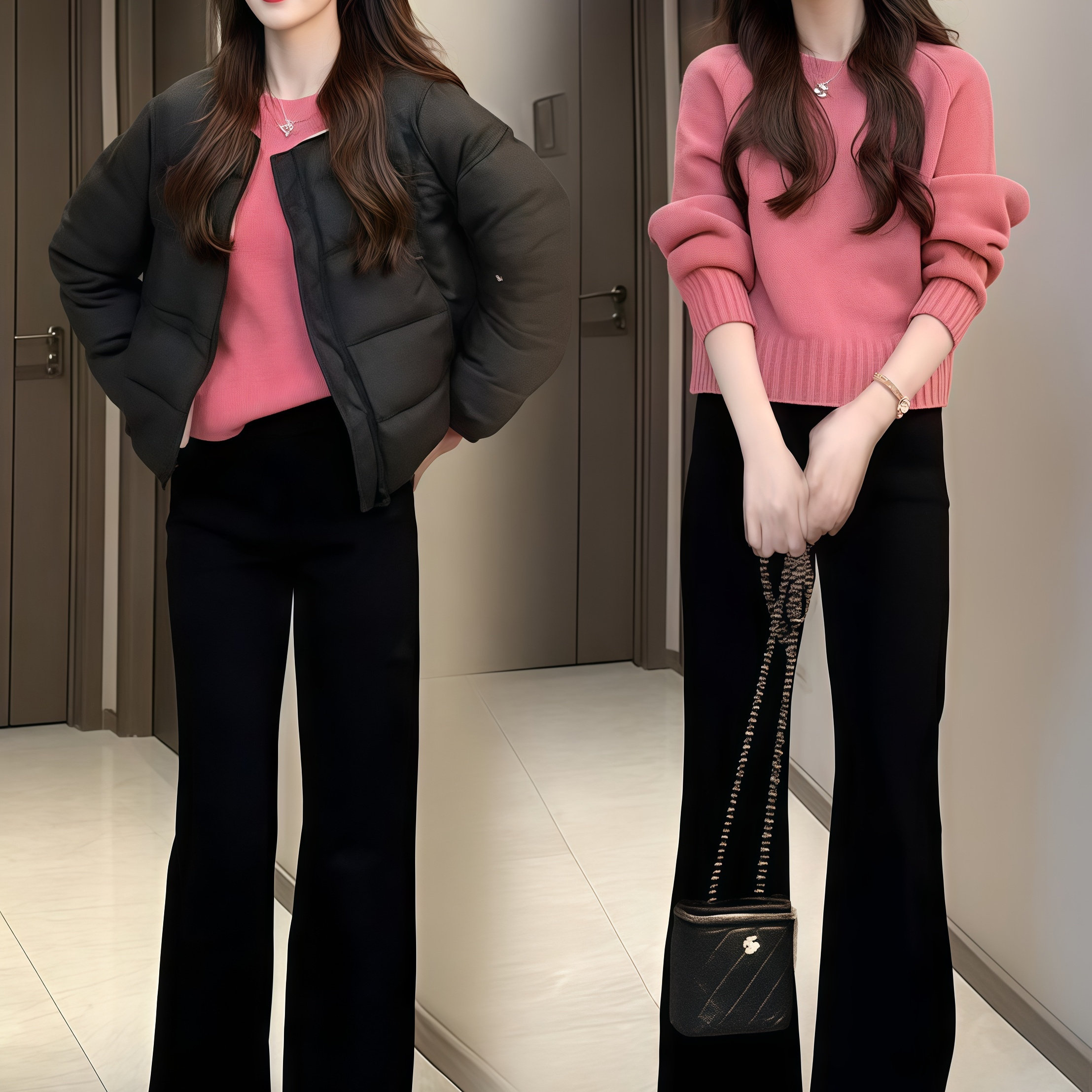 罗芬面料故事旗舰店女装冬季圆领夹棉棉服搭软糯针织衫搭喇叭裤