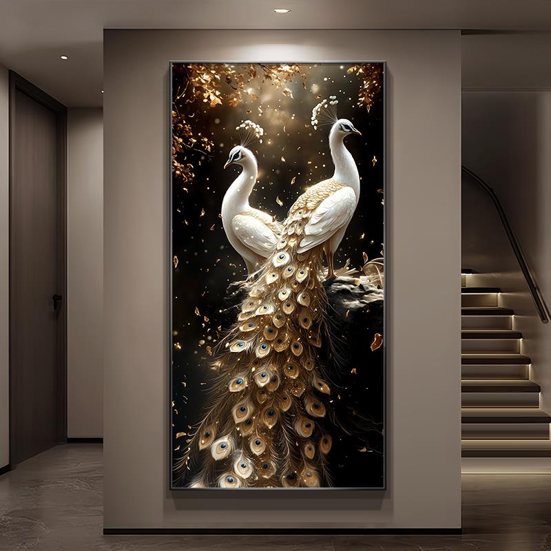 孔雀高级玄关装饰画现代轻奢过道走廊尽头挂画竖版入户正对门壁画图片