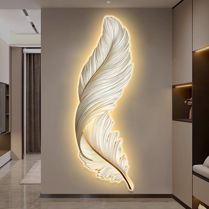 现代轻奢入户玄关装饰画带led灯发光羽毛走廊过道挂画高级感壁画