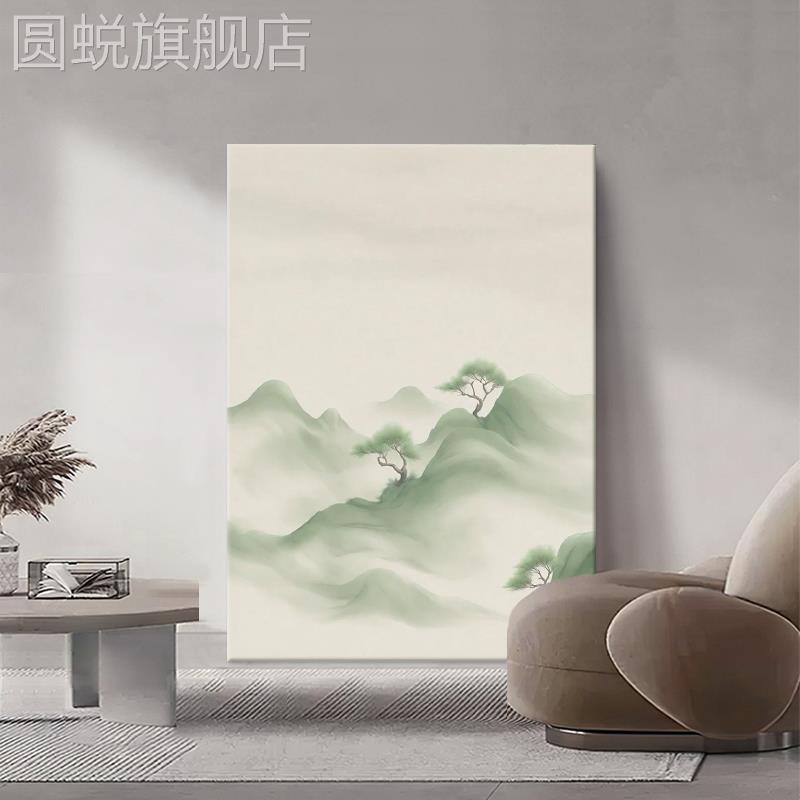 只此青绿手绘油画新中式装饰画客厅玄关抽象绿色山水松树丙烯挂画图片