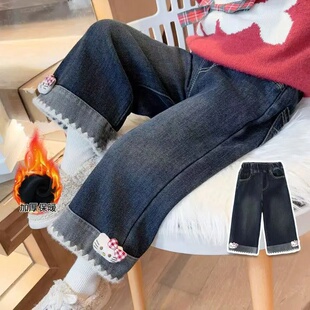 女童加绒牛仔裤冬季2025年新款冬款儿童一体绒裤子卡通猫咪直筒裤
