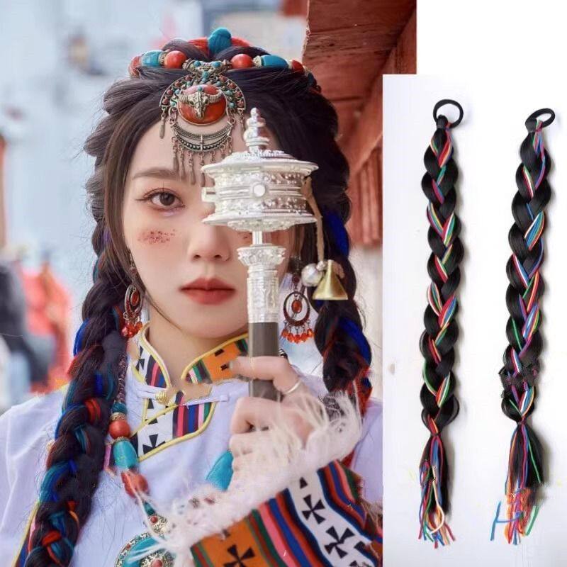 彩色珊瑚绒毛线假发辫子发圈女双马尾长发麻花辫头绳藏族藏服头饰