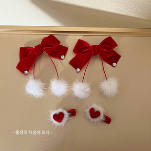 秋冬红色蝴蝶结毛球发夹女甜美公主爱心对夹圣诞节新年发卡头饰