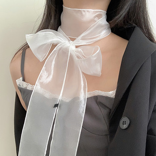 2025新款春夏复古丝巾飘带女高级感欧根纱丝带领巾半透明发带配饰