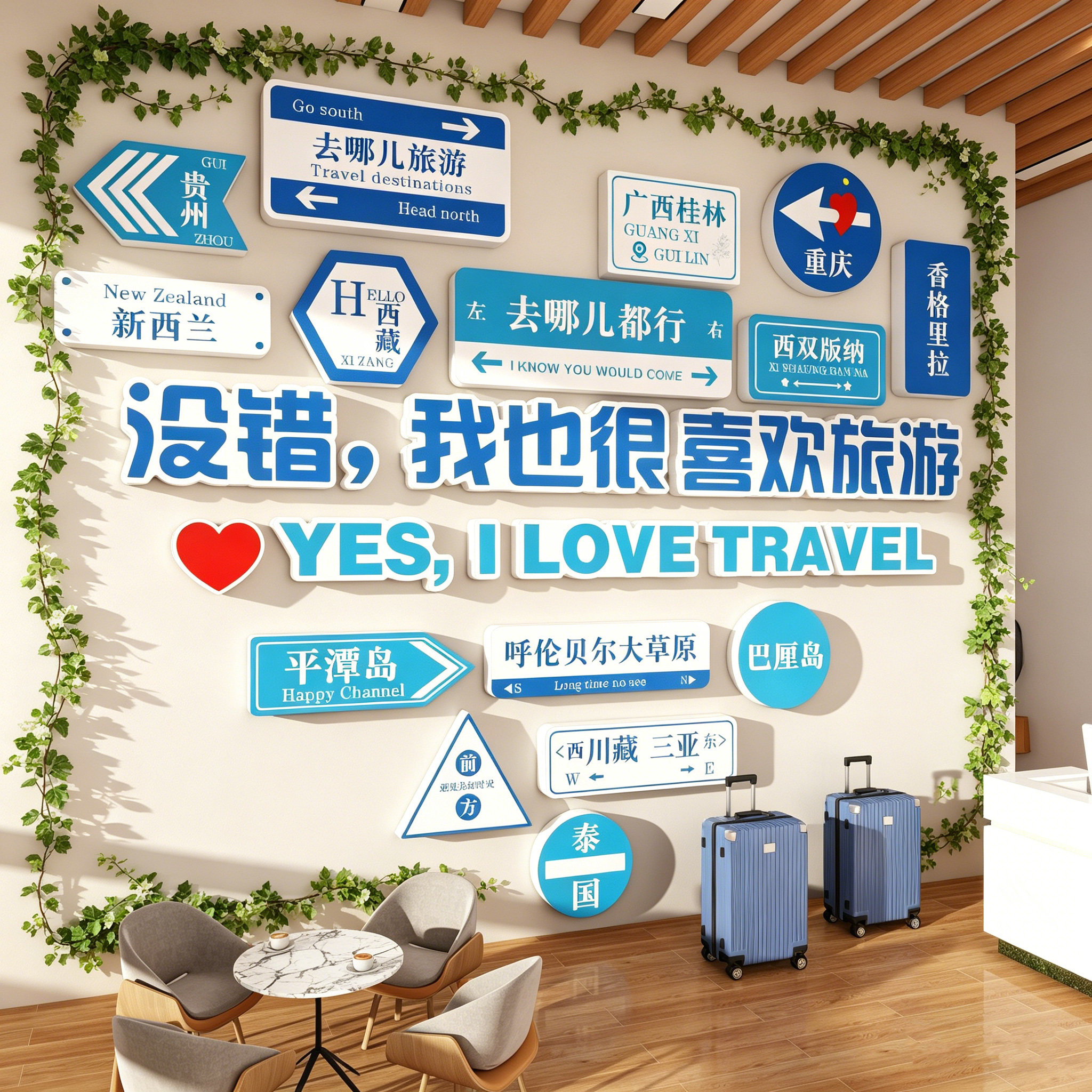 旅行社旅游公司墙面装饰办公前台