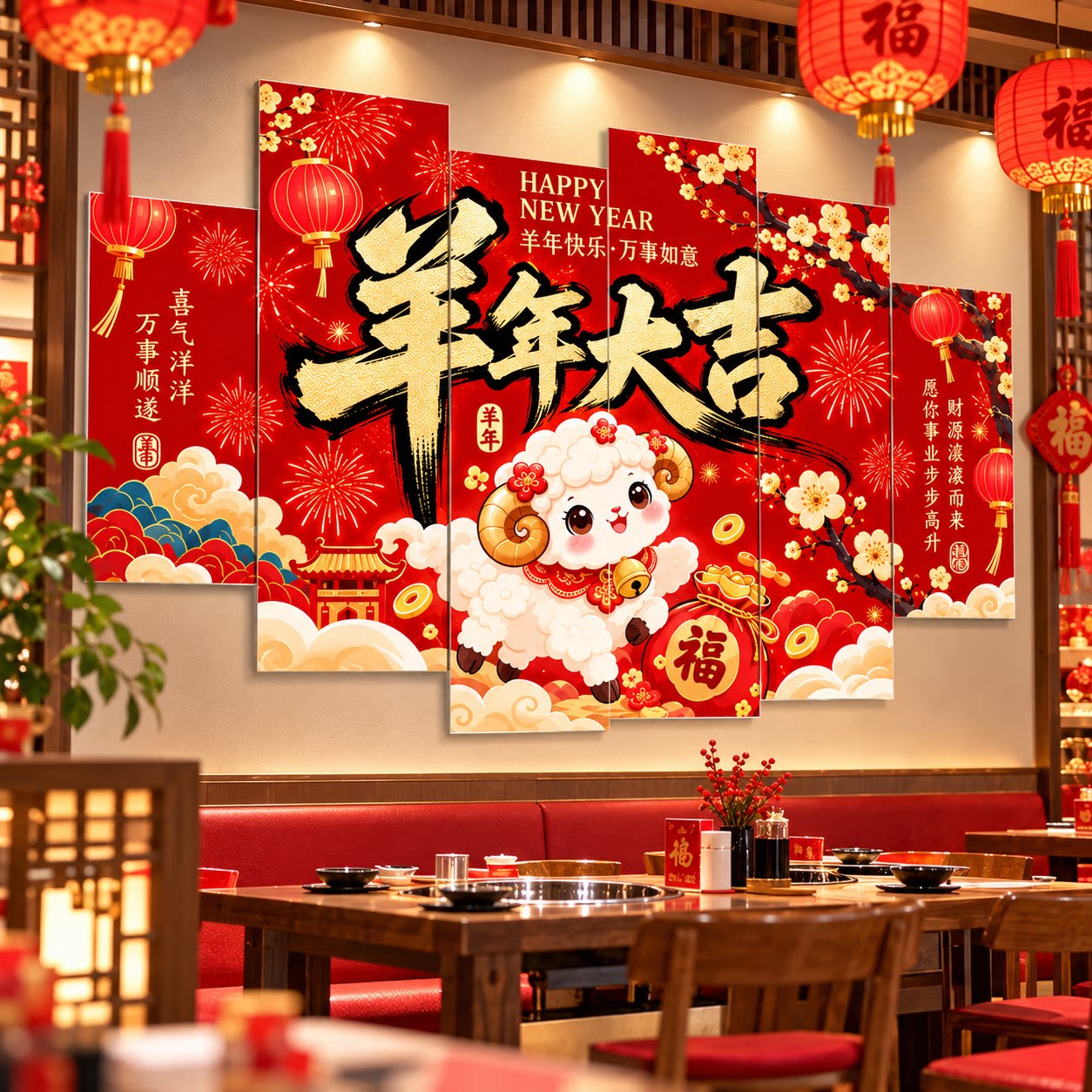 餐饮店2027新年装饰羊年春节过年氛围背景墙火锅网红打卡墙贴布置