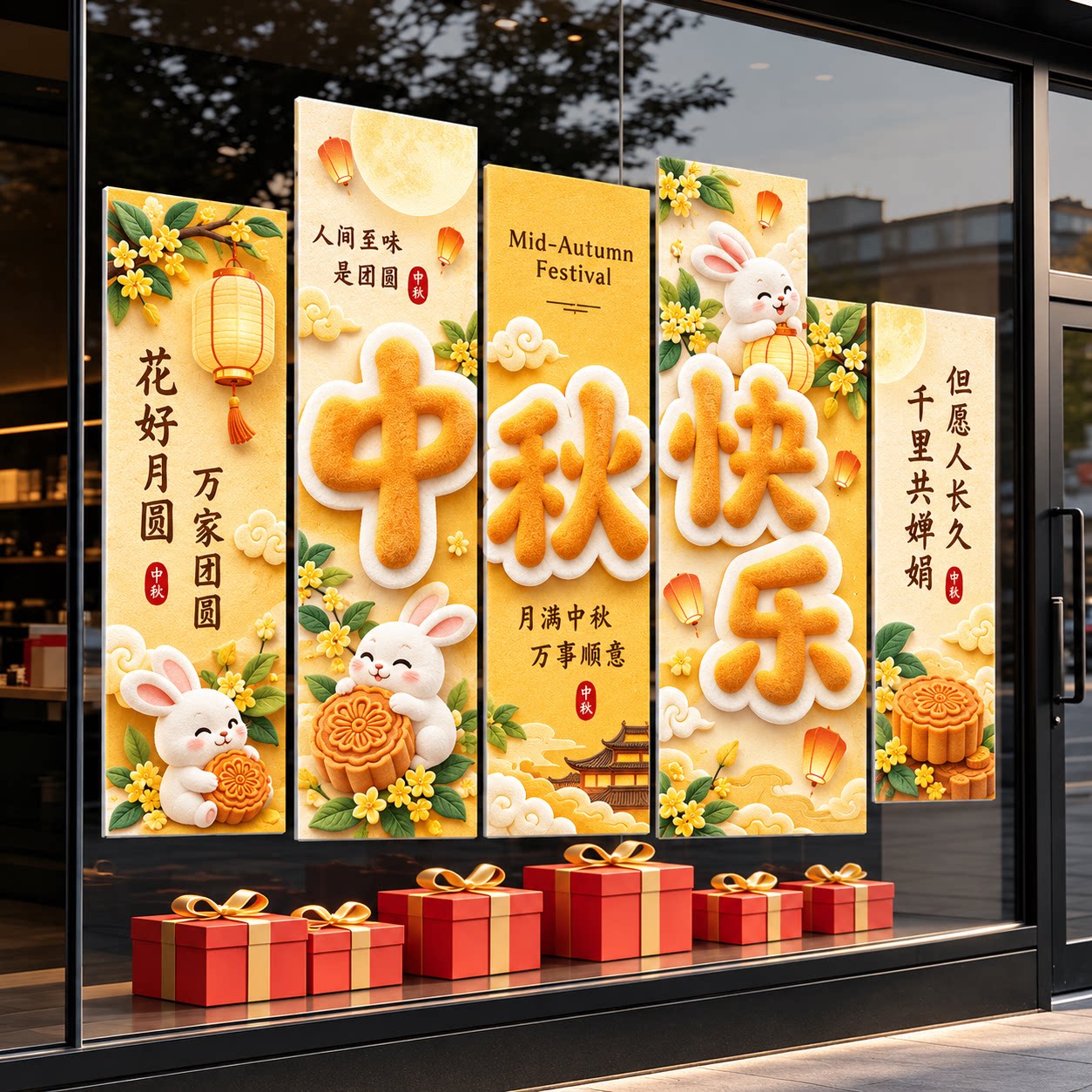国庆中秋双节氛围场景布置装饰商场店铺橱窗文化墙贴背景墙雪弗板