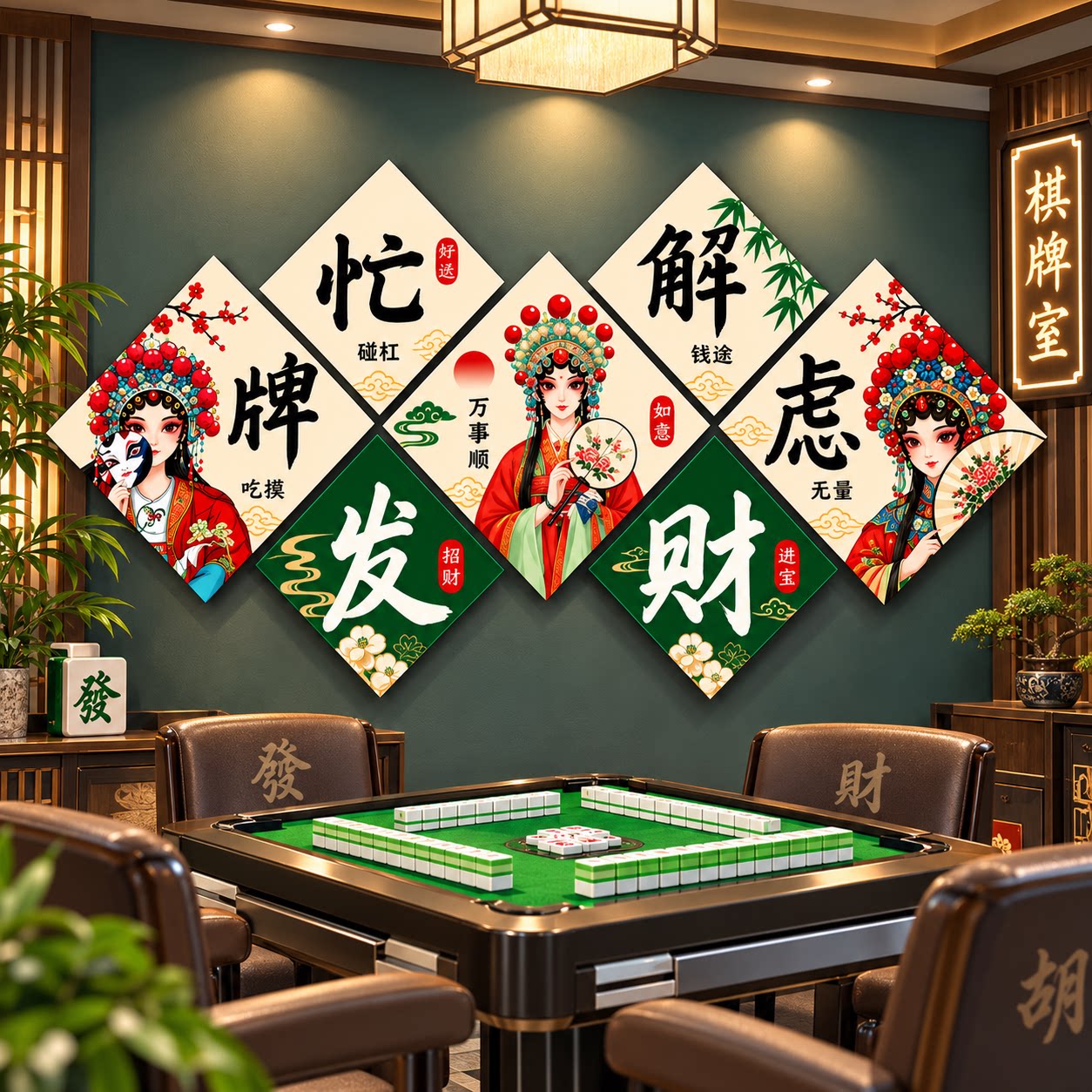 网红麻将馆棋牌室墙面装饰壁画纸雀房文化包厢主题创意标语国潮风