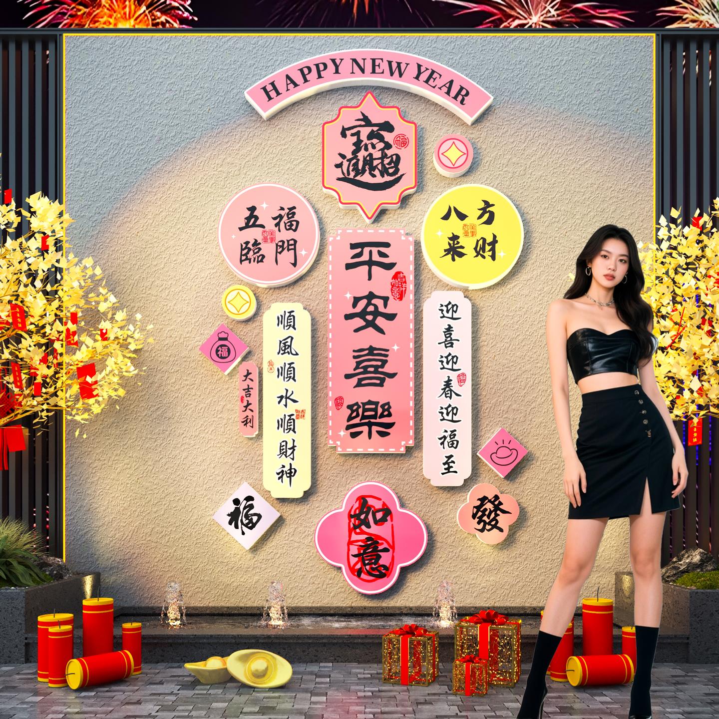 2026新年装饰网红打卡墙平安喜乐贴纸氛围布置春节元旦互动拍照区