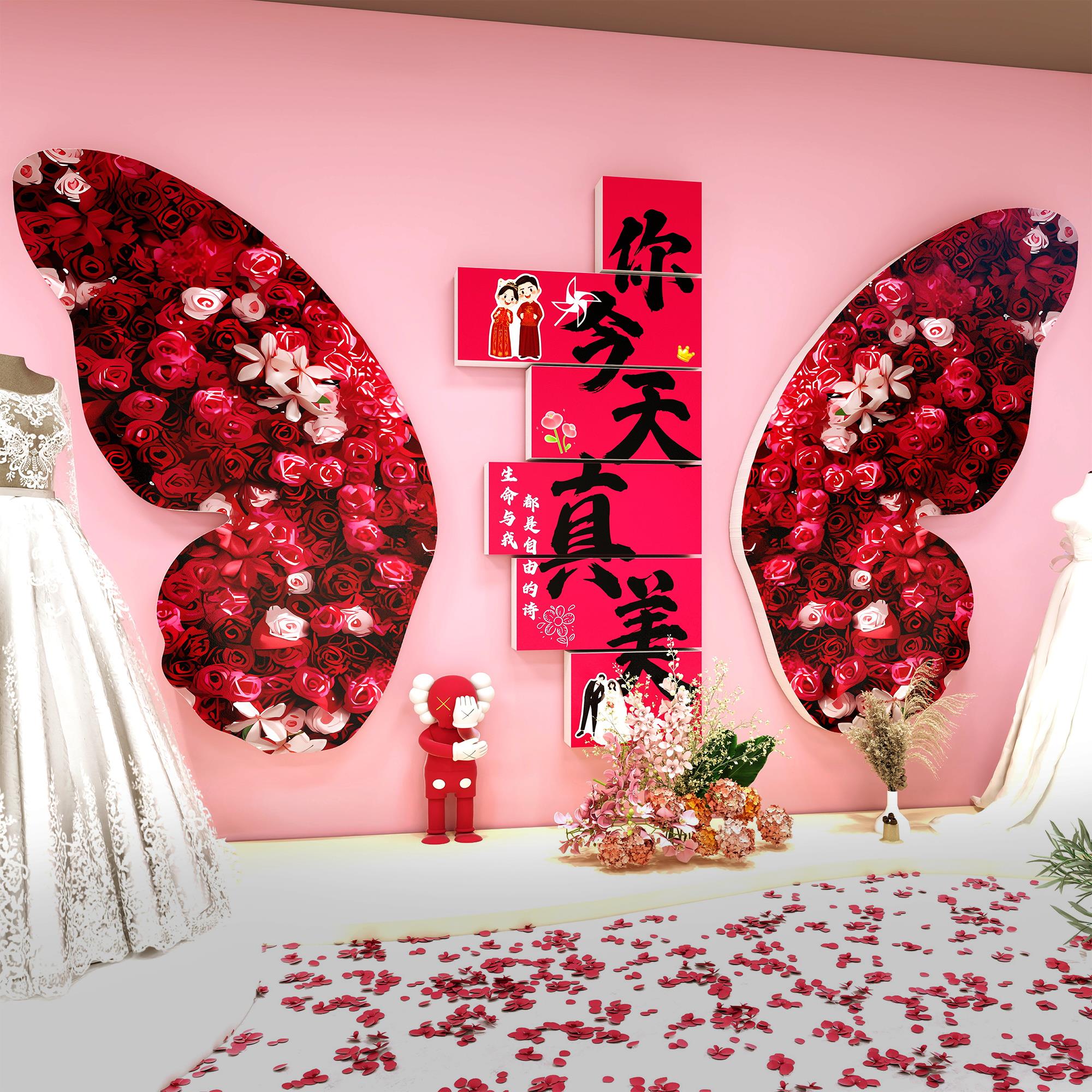 网红打卡拍照区布置婚纱店墙面蝴蝶背景墙小院主题玫瑰装饰造场景