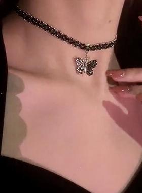 仙气短款脖子颈链轻奢小众新款锁骨链女网红爆款黑色满钻蝴蝶项链