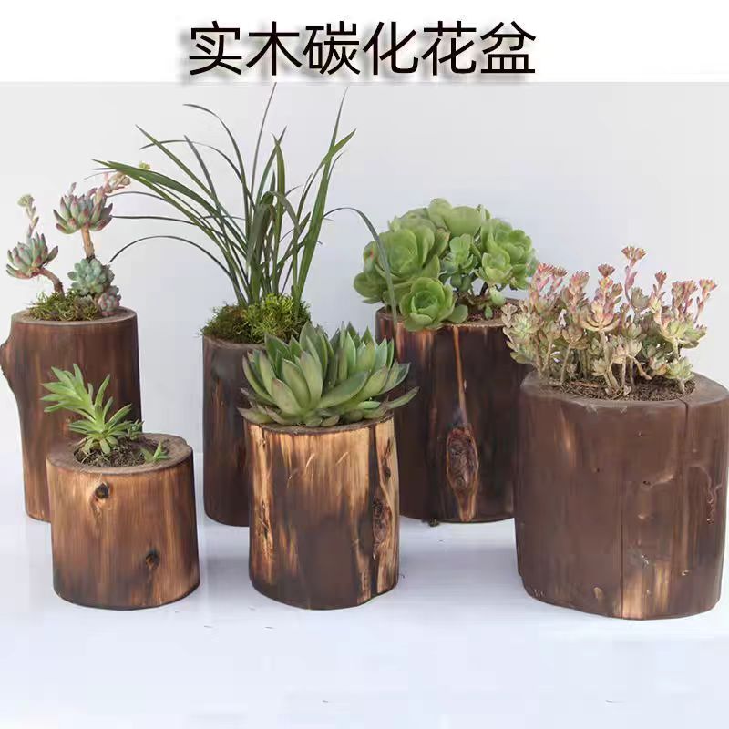 仟岱原木碳化花盆多肉植物简约实木碳化花盆摆件阳台庭院