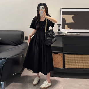 大码 微胖mm显瘦茶歇复古赫本风遮肉裙子 法式 气质方领连衣裙女夏季