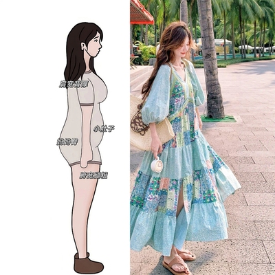 绿色V领碎花拼接连衣裙女