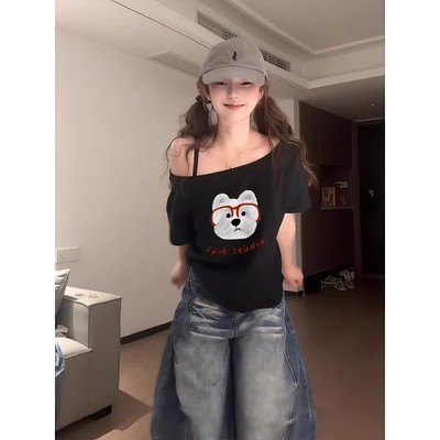 美式辣妹黑色小狗印花斜